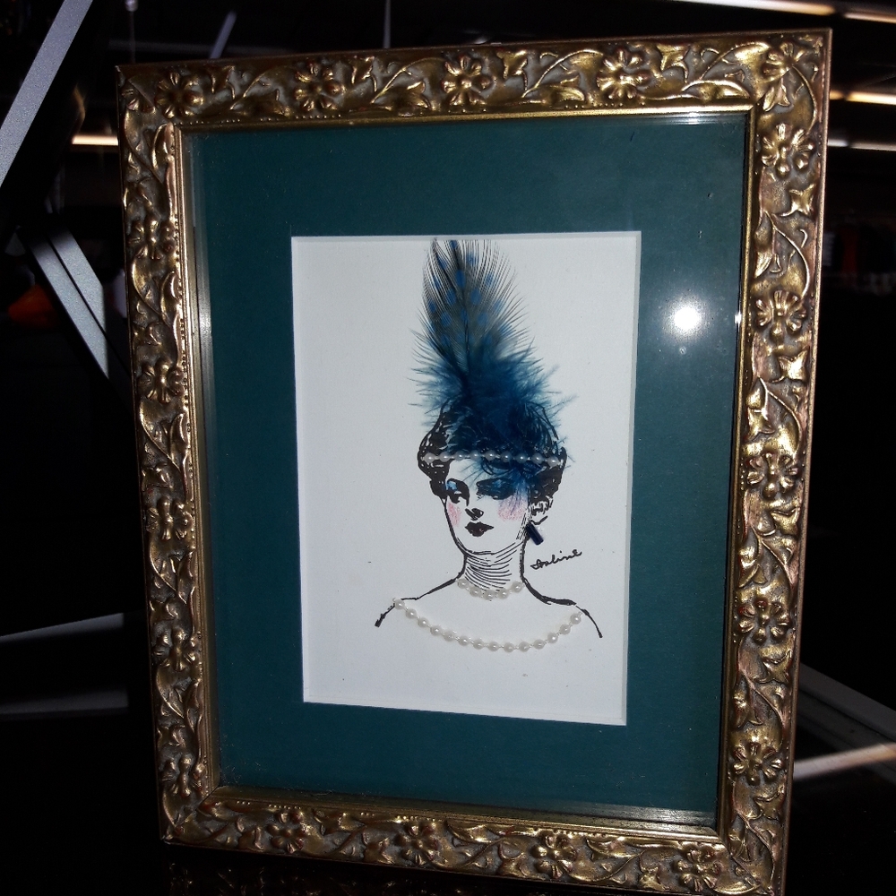 Vintage Framed Art with Blue Feather Accent And Embellishments.
